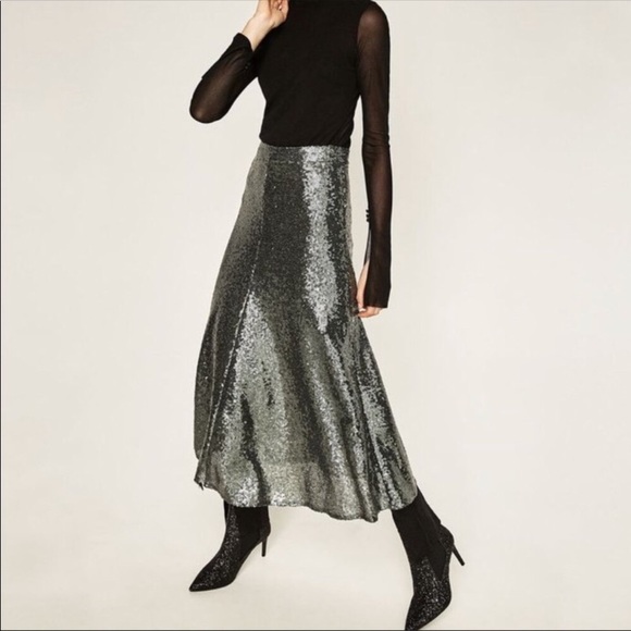 LAST CALL Zara Silver Sequin Midi Skirt - Picture 2 of 5